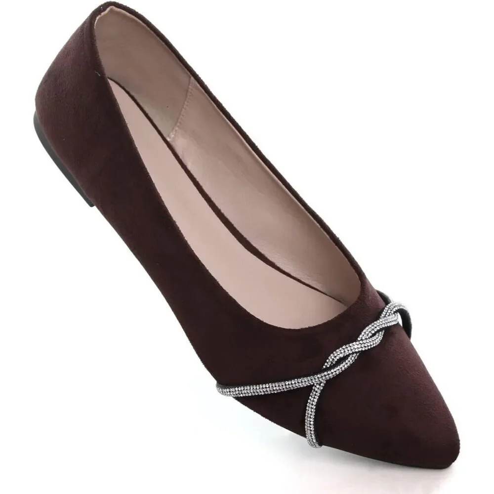 Women's Brown Rhinestone Casual Flats Fashion Chain Pointed Toe Ballet Flat